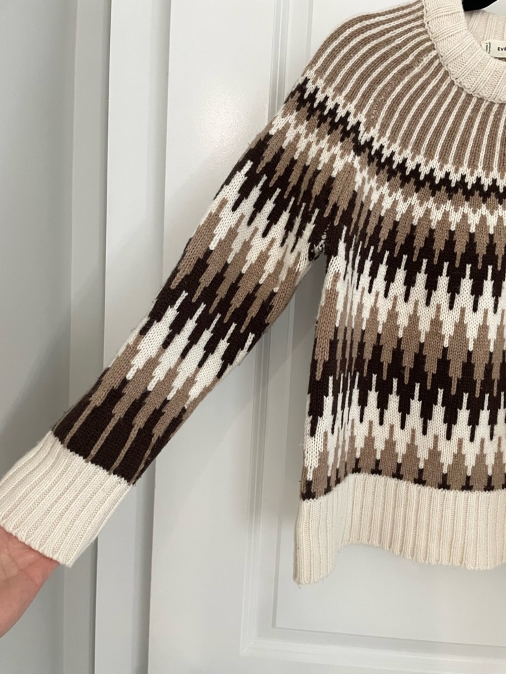 Everlane 100% Wool Fair Isle Crew Neck Sweater Bone/Brown Luxury Warm. ‎  10 - Picture 7 of 12